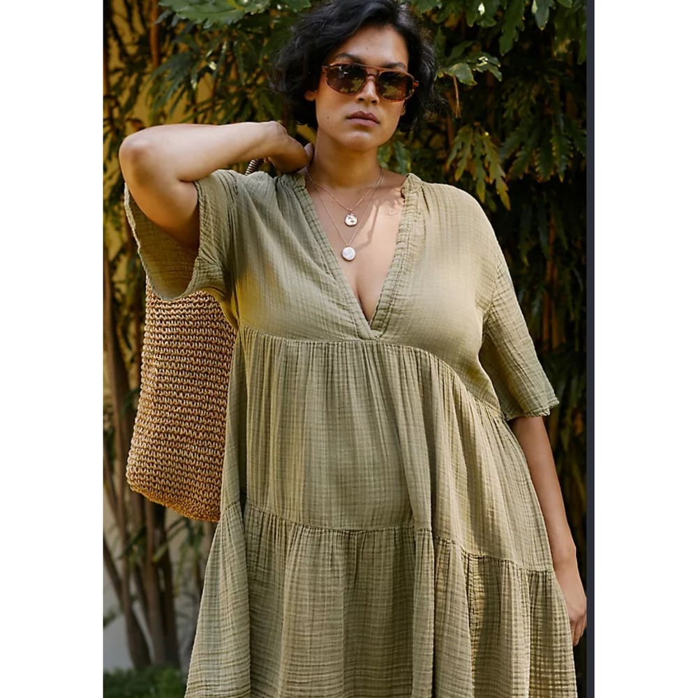 Anthropologie Kallie Flowy XL Dress Green Cotton Gauze Boho Knee Length
